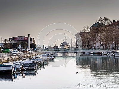 River RjeÄina with some small boats anchored Editorial Stock Photo